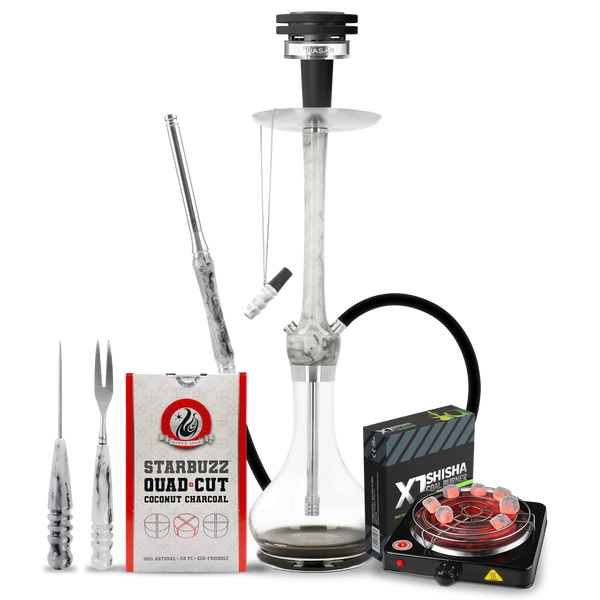 Modern marble hookah set with accessories, coconut charcoal, and electric shisha coal burner.