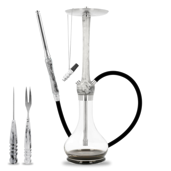 Modern marble-patterned hookah set with glass base, metal tray, black hose, and matching tools.