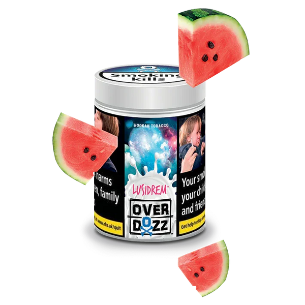 Hookah tobacco tub labeled LUSIDREAM with watermelon slices, fruit flavored shisha