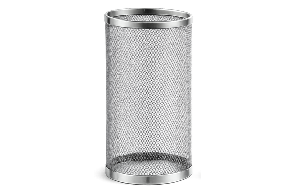 A stainless steel mesh pencil holder with a circular diamond-patterned wire body and polished metal rims at the top and bottom, shown on a plain white background.