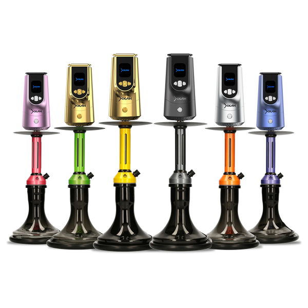 Modern hookahs in various colors lined up on a black background for same day London delivery
