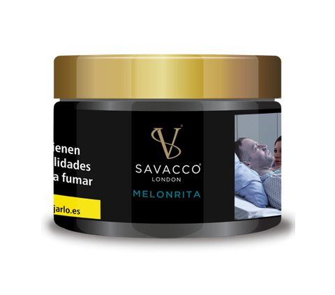 Savacco London Melonrita shisha tobacco in black and gold 50g jar with health warning label