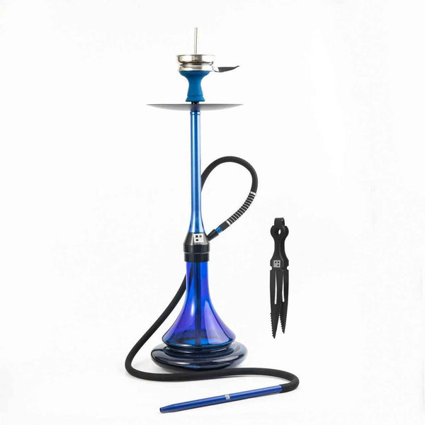 Blue chrome hookah set with glass base, hose, tongs, and mouthpiece on white background