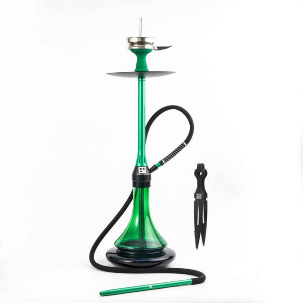 Modern green hookah with chrome accents, black hose, and metal tongs on white background