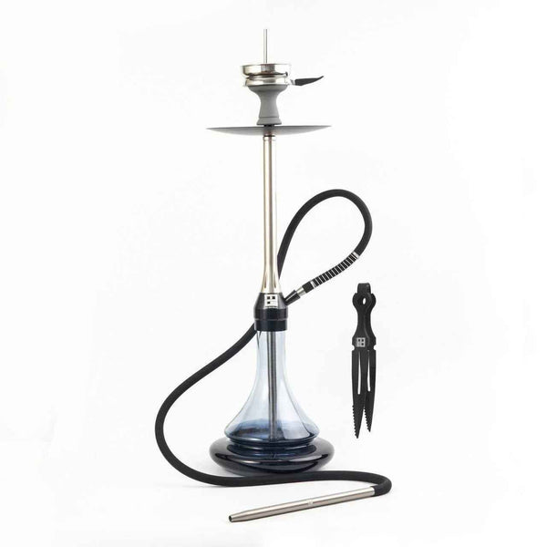 Gunmetal chrome hookah with glass base, black hose, and tongs on white background