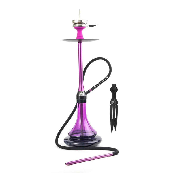 Purple chrome hookah set with hose and tongs on white background