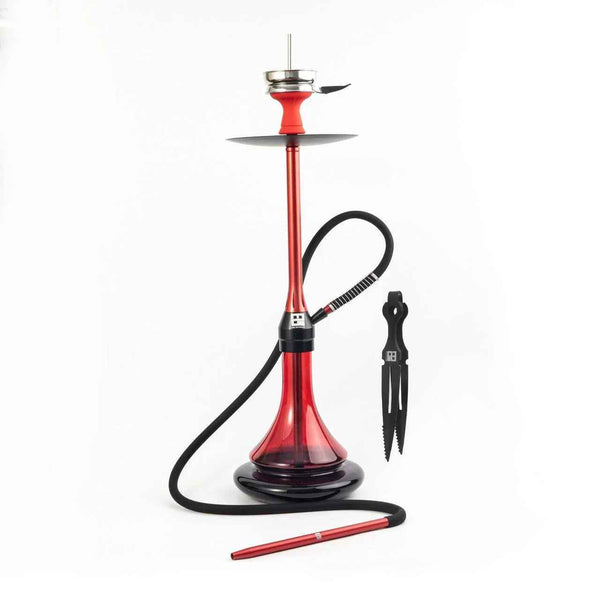 Red chrome hookah set with hose, mouthpiece, and metal tongs on a white background