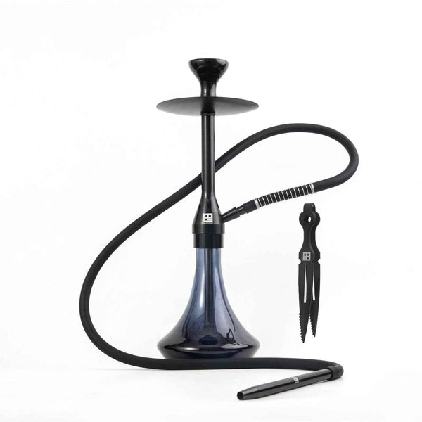 Black shisha pipe with glass base, silicone hose, mouthpiece, and metal tongs on white background