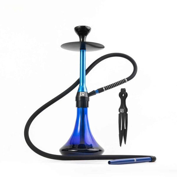 Modern blue hookah with black hose, metal tongs, and glass base on white background