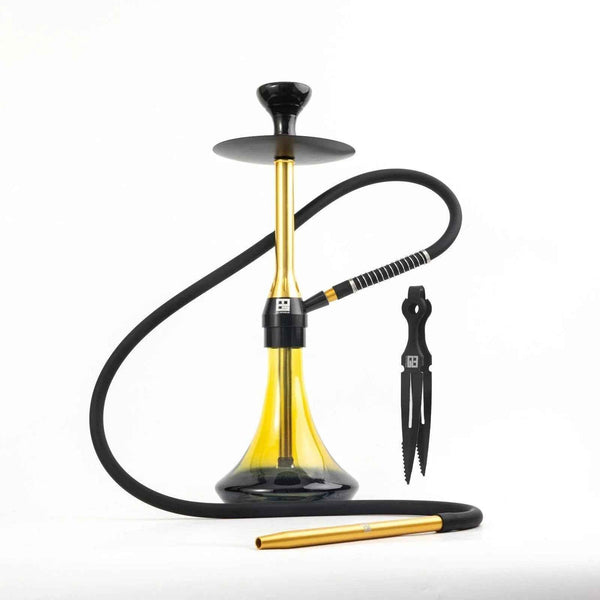Gold hookah set with black hose, tongs, and mouthpiece on a white background