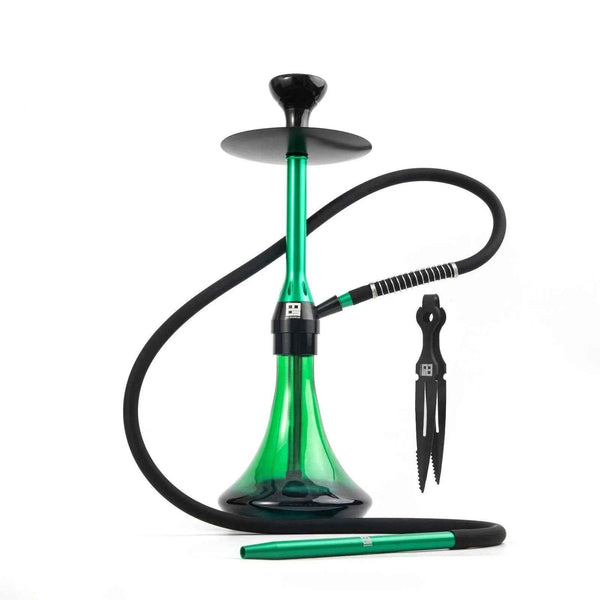 Modern green hookah with black hose and tongs on a white background