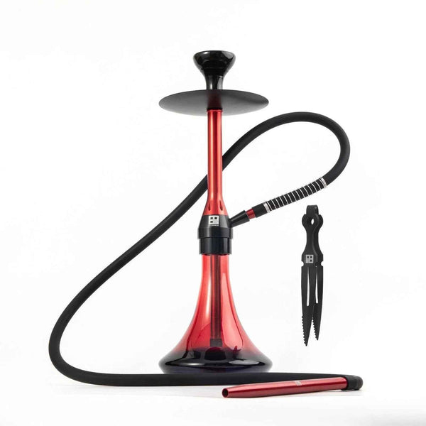 Red modern shisha pipe set with hose and tongs on white background
