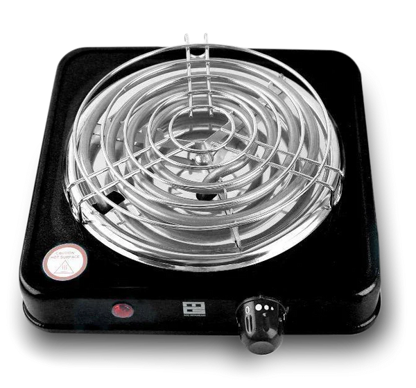 Electric charcoal burner for hookah with metal coil and adjustable knob on black base