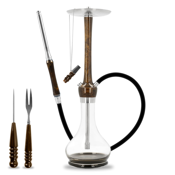 Modern glass and wood hookah set with accessories, black silicone hose, and metal tray