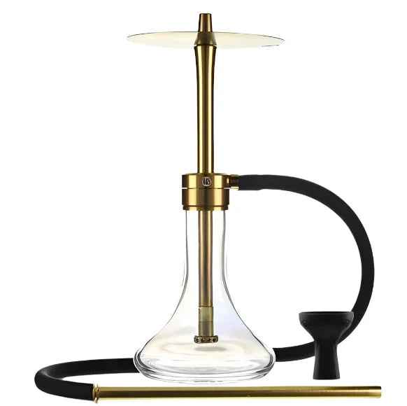 Gold hookah with clear glass base and black hose on white background
