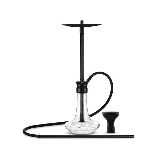 Modern black and clear hookah with glass base, black stem, hose, and separate bowl piece