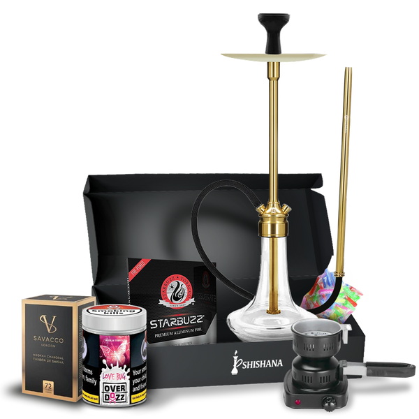MS Magma Titan Gold Signature Shisha Bundle with glass base, diffuser, silicone hose, Kaloud-compatible bowl, and 200g Overdozz Love Bug flavour.