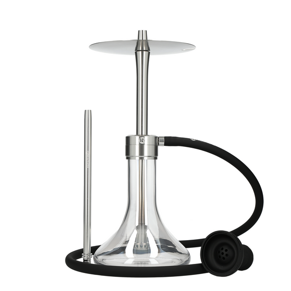 MS Magma Titan hookah with silver aluminum stem, clear glass base, black silicone hose, and black bowl on white background