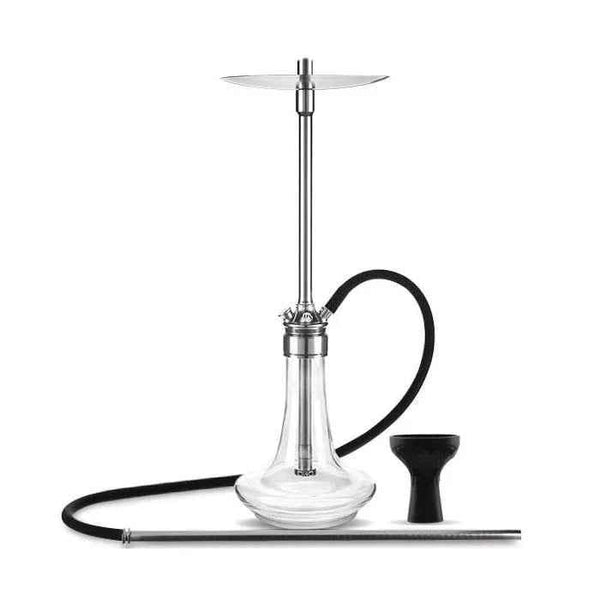 Modern silver hookah with clear glass base, black hose, and bowl on white background
