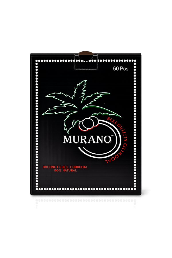 Box of 60 Murano coconut shell charcoal pieces for hookah, black packaging with palm tree design
