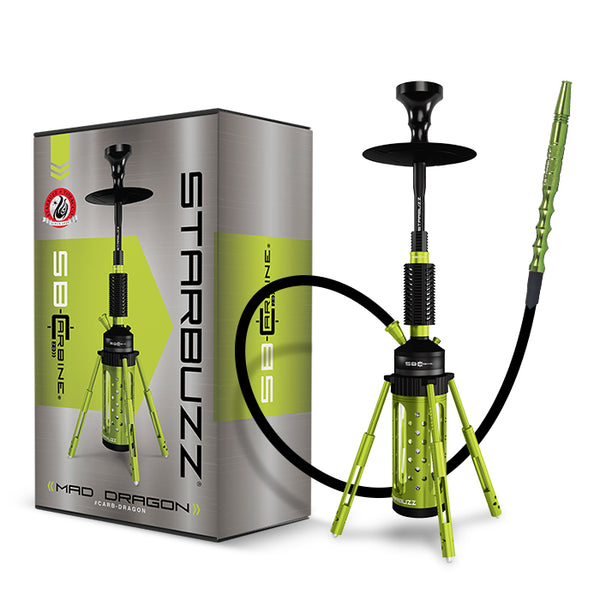 Shisha with green body and black accents next to its packaging box labeled 'Starbuzz'.