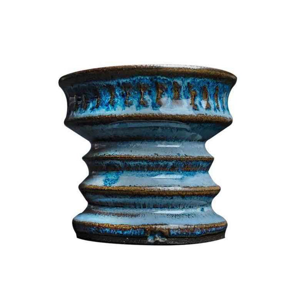 Blue ceramic shisha bowl with ribbed design and glazed finish on white background