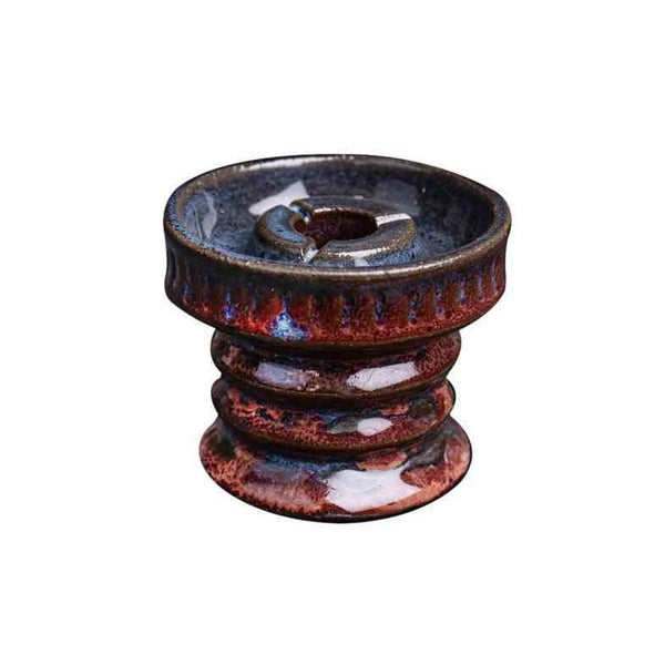 Ceramic shisha bowl with ribbed base and marbled red-black glaze on white background