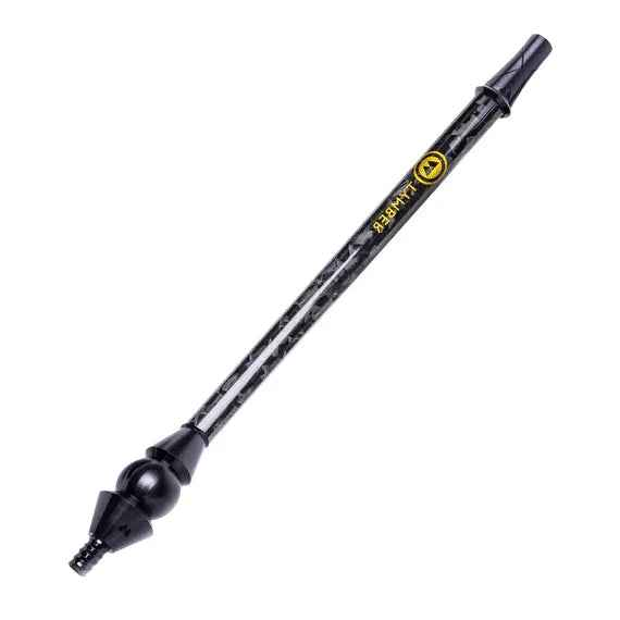Black shisha pipe mouthpiece with carbon weave tube and yellow logo on white background