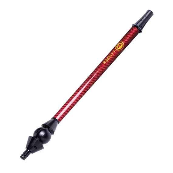 Red carbon weave hookah hose with black mouthpiece and connectors on white background