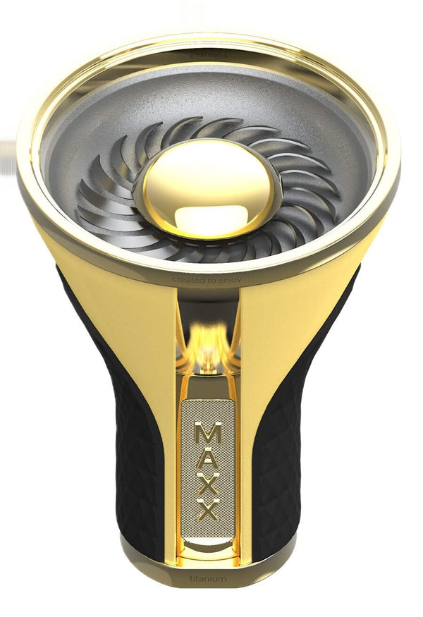 Gold shisha bowl with black grip, metallic finish and MAXX logo, modern hookah accessory