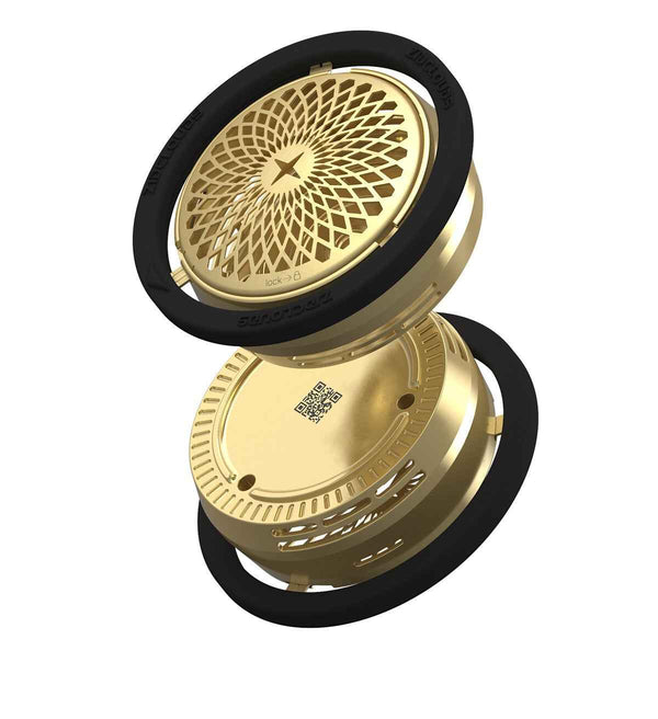Gold hookah heat management device with black grip rings and vented top section
