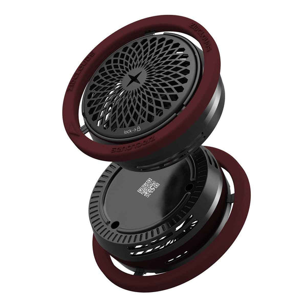 Black and red shisha heat management device with ventilation grilles and a QR code