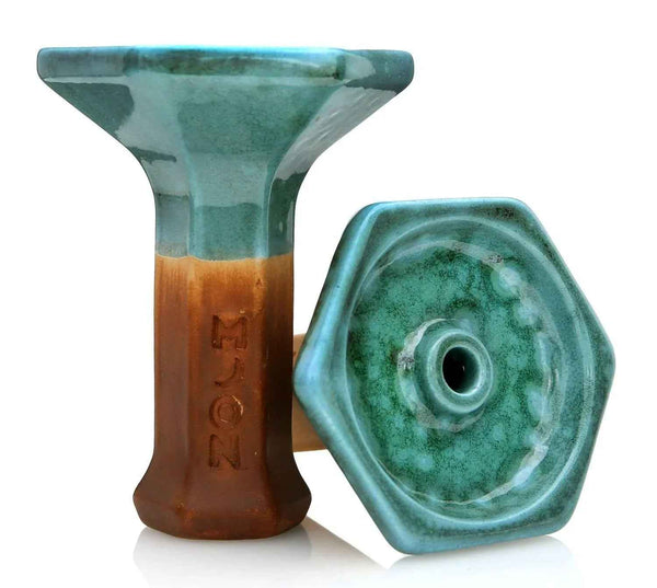 Ceramic hookah bowl with brown base and glossy green hexagonal top, isolated on white background