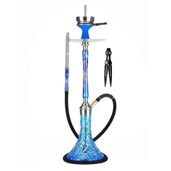 Blue hookah with crystal-patterned glass base, metal stem, hose, and tongs on white background