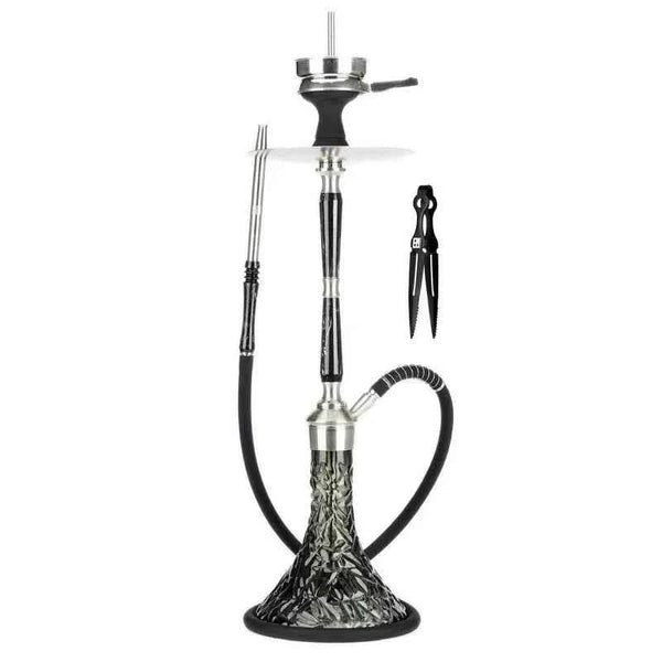 Black modern hookah set with intricate glass base, metal stem, hose, and tongs on white background