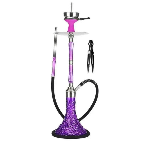 Purple modern hookah set with textured base, metal stem, hose, and tongs on white background