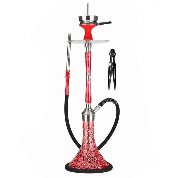 Red glass hookah with black hose, metal stem and included tongs on a white background