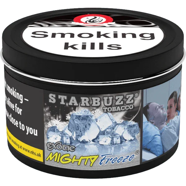 Starbuzz Mighty Freeze 100g shisha tobacco tin with ice cube graphics and health warning labels