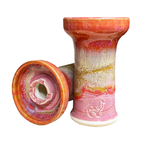Colorful ceramic hookah bowl with pink, orange, and yellow glaze on white background