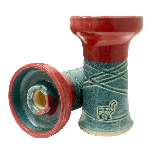 Red and green ceramic shisha bowl with engraved decorative pattern and animal symbol