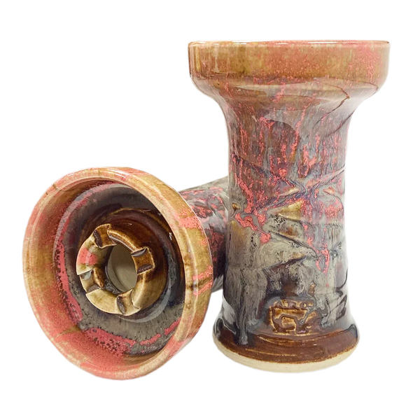Ceramic hookah bowl with marbled brown and red glaze, displayed upright and on its side