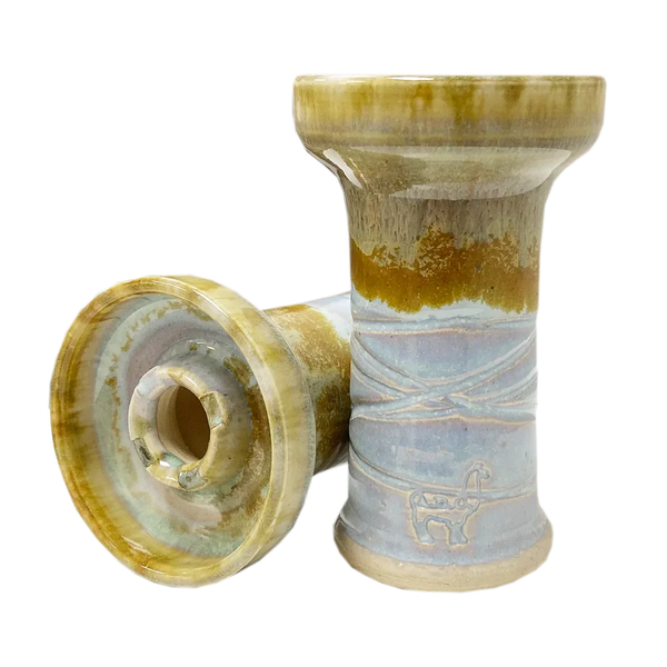 Ceramic hookah bowl with brown and beige glaze, featuring engraved design, side and top view