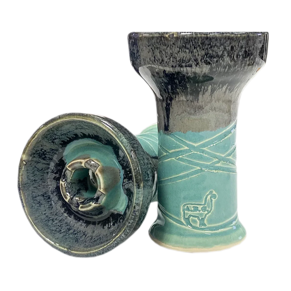 Ceramic shisha bowl with teal and black glaze, embossed llama design, isolated on white