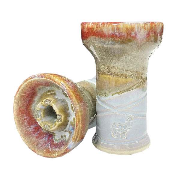 Ceramic hookah bowl with multicolored glaze and alpaca logo, ideal for shisha smoking.