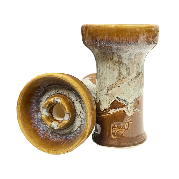 Brown ceramic hookah bowl with beige swirl design and carved animal, shown front and back