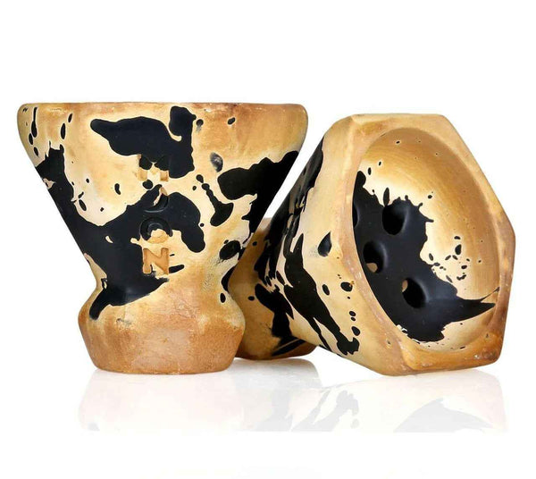Black and tan ceramic shisha bowl with artistic splatter pattern, multiple holes visible