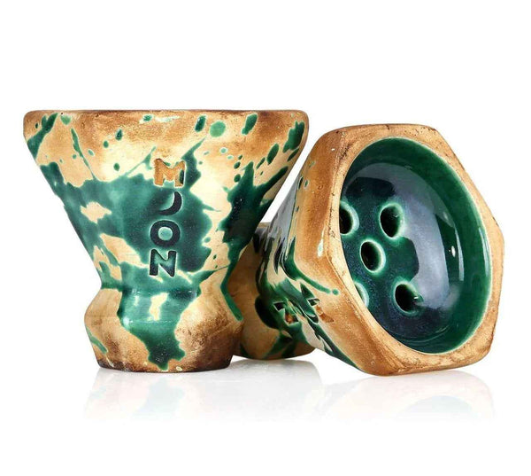 Ceramic shisha bowl with green and beige marbled glaze and multiple airflow holes