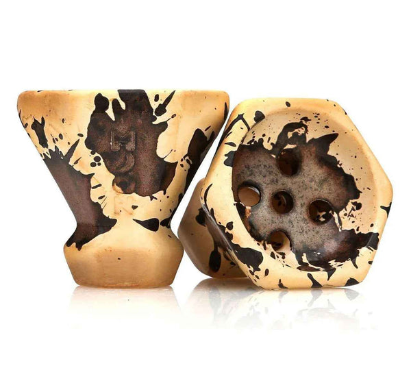 Ceramic hookah bowl with gold and black splatter design, hexagonal shape, multiple holes.