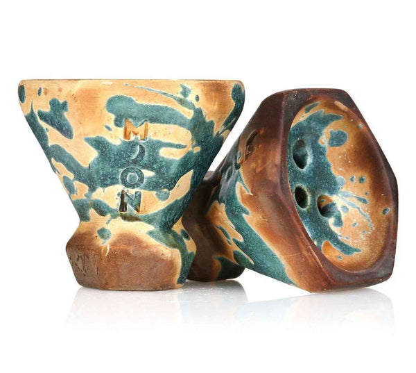 Ceramic shisha bowl with blue and beige marbled design, engraved with 'MOON' lettering