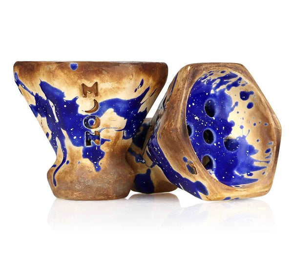 Ceramic hookah bowl with blue and beige splatter design and air holes, labeled Moon
